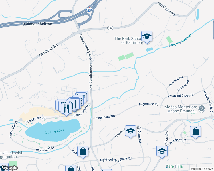 map of restaurants, bars, coffee shops, grocery stores, and more near 2828 Quarry Heights Way in Baltimore