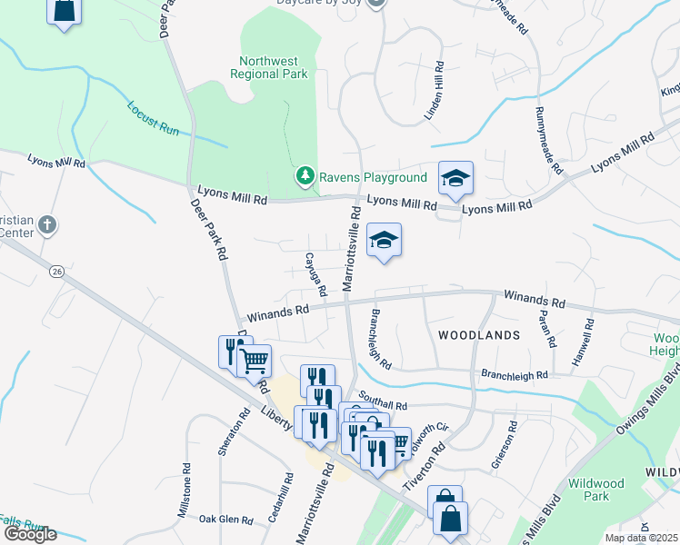 map of restaurants, bars, coffee shops, grocery stores, and more near 17 Bannock Court in Randallstown