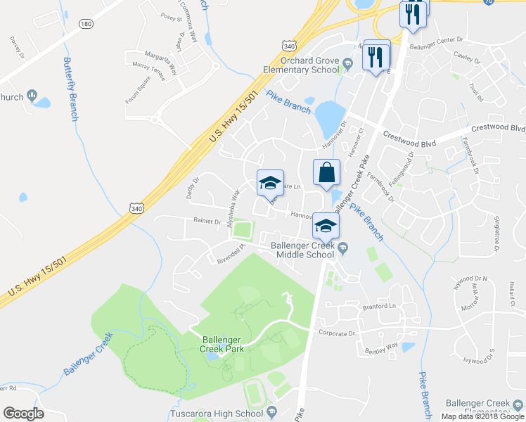 map of restaurants, bars, coffee shops, grocery stores, and more near 6380 New Haven Court in Frederick