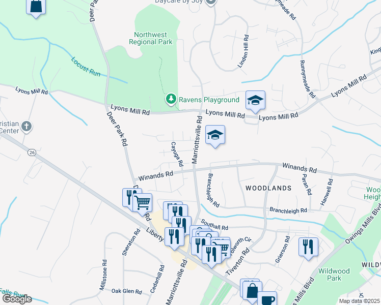 map of restaurants, bars, coffee shops, grocery stores, and more near 17 Bannock Court in Randallstown