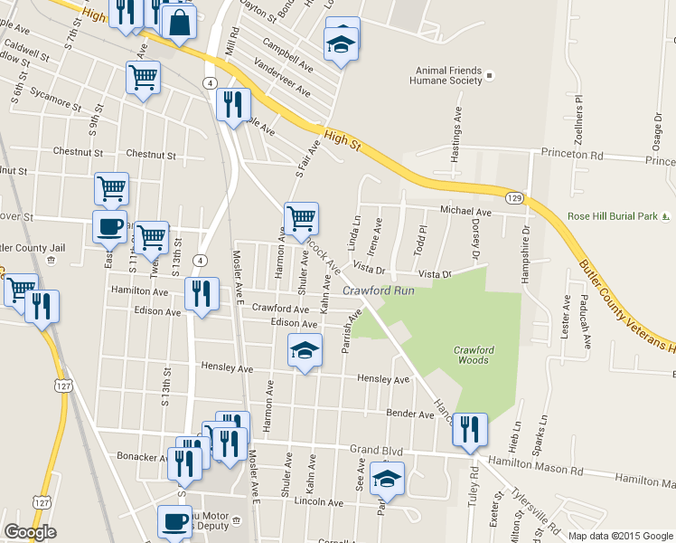 map of restaurants, bars, coffee shops, grocery stores, and more near Hancock Avenue in Hamilton