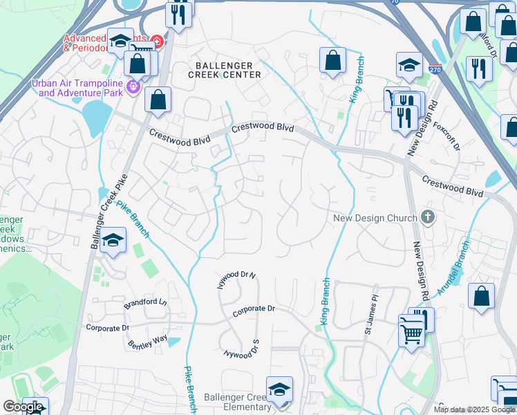 map of restaurants, bars, coffee shops, grocery stores, and more near 5628 Singletree Drive in Frederick
