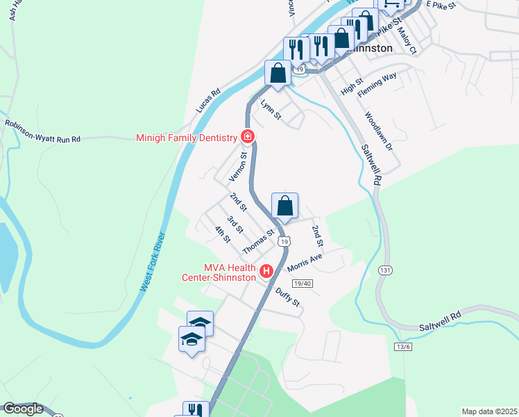 map of restaurants, bars, coffee shops, grocery stores, and more near 573-581 South Pike Street in Shinnston