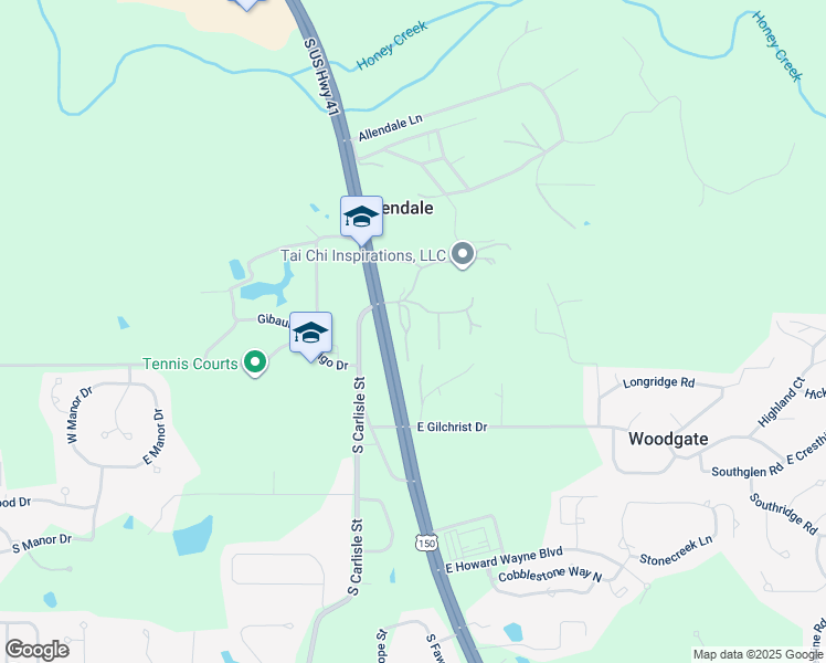 map of restaurants, bars, coffee shops, grocery stores, and more near 115 Allendale Terrace in Terre Haute