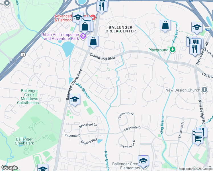 map of restaurants, bars, coffee shops, grocery stores, and more near 6644 Pebble Court in Frederick