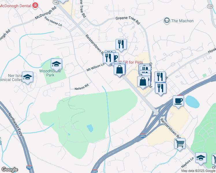 map of restaurants, bars, coffee shops, grocery stores, and more near 8806 Pikesville Road in Pikesville