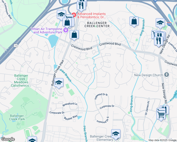 map of restaurants, bars, coffee shops, grocery stores, and more near 5708 Charstone Court in Frederick