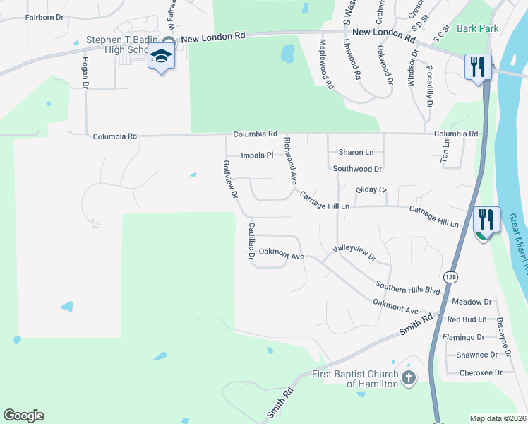 map of restaurants, bars, coffee shops, grocery stores, and more near 1008 Golfview Drive in Hamilton