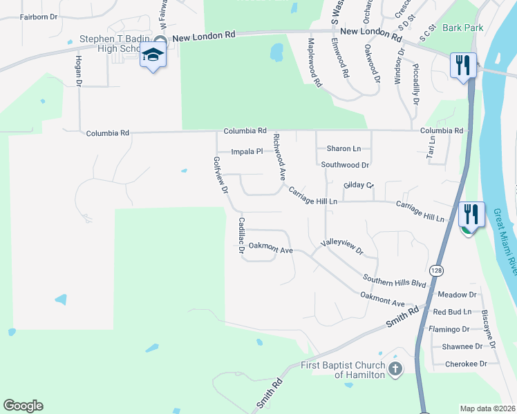 map of restaurants, bars, coffee shops, grocery stores, and more near 1012 Golfview Drive in Hamilton