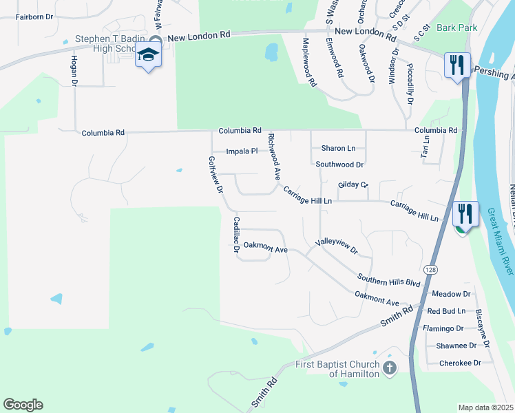 map of restaurants, bars, coffee shops, grocery stores, and more near 1016 Golfview Drive in Hamilton