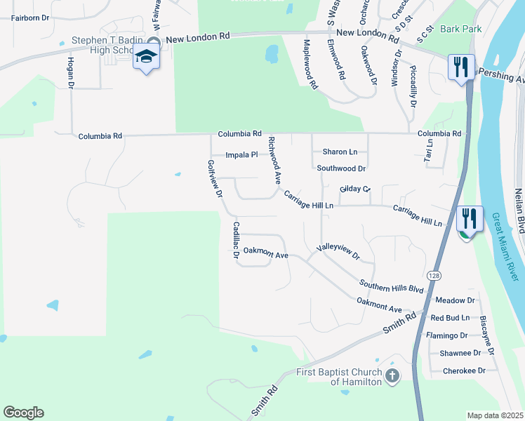map of restaurants, bars, coffee shops, grocery stores, and more near 1020 Golfview Drive in Hamilton