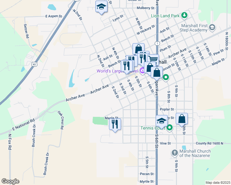 map of restaurants, bars, coffee shops, grocery stores, and more near 200 South 2nd Street in Marshall