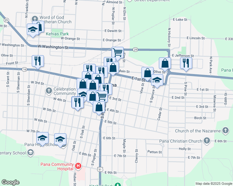map of restaurants, bars, coffee shops, grocery stores, and more near 107 Kitchell Street in Pana