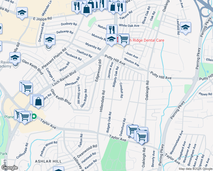 map of restaurants, bars, coffee shops, grocery stores, and more near 8121 Hillendale Road in Parkville