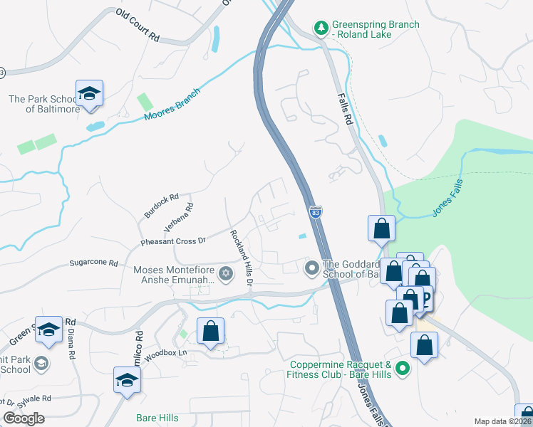 map of restaurants, bars, coffee shops, grocery stores, and more near 8 Longstream Court in Baltimore