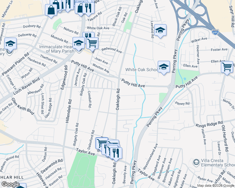 map of restaurants, bars, coffee shops, grocery stores, and more near 8304 Oakleigh Road in Parkville