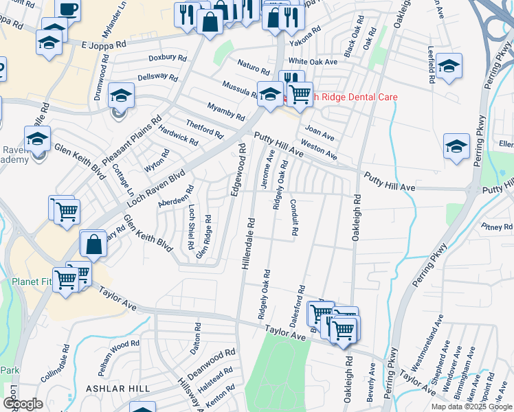 map of restaurants, bars, coffee shops, grocery stores, and more near 8121 Hillendale Road in Parkville
