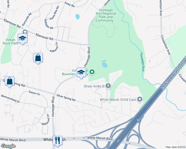 map of restaurants, bars, coffee shops, grocery stores, and more near 8735 Honeygo Boulevard in Perry Hall