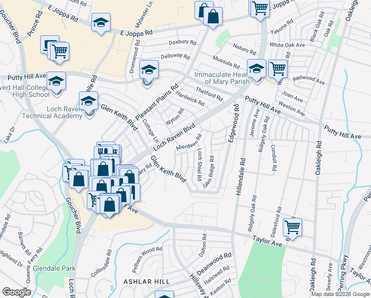 map of restaurants, bars, coffee shops, grocery stores, and more near 1807 Deveron Road in Parkville