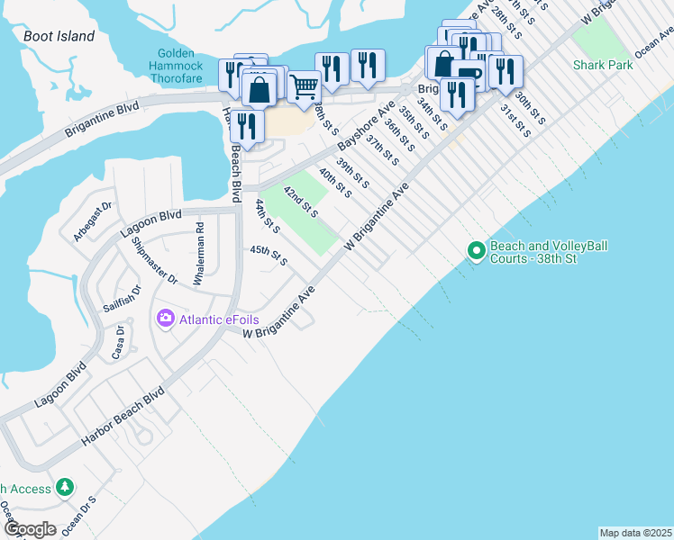 map of restaurants, bars, coffee shops, grocery stores, and more near 4200 West Brigantine Avenue in Brigantine