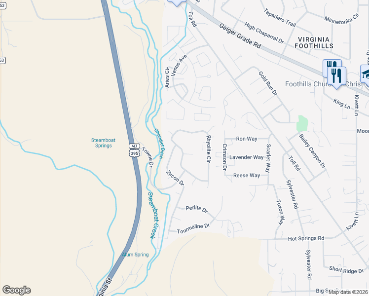 map of restaurants, bars, coffee shops, grocery stores, and more near 16290 Rhyolite Circle in Reno