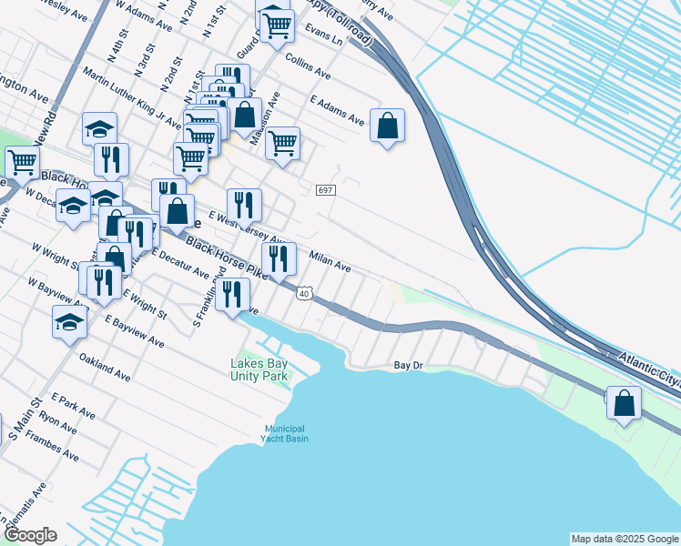 map of restaurants, bars, coffee shops, grocery stores, and more near 101 Genoa Avenue in Pleasantville