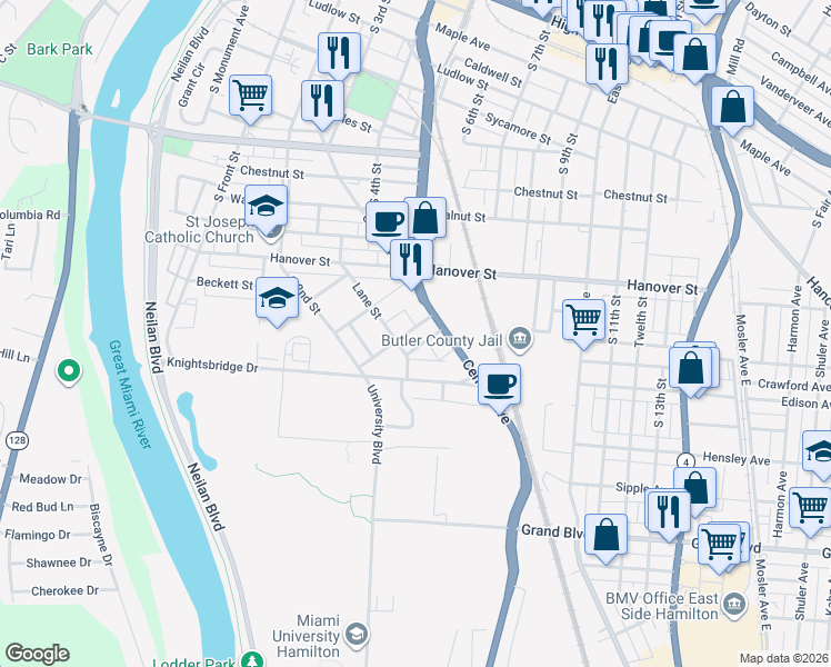 map of restaurants, bars, coffee shops, grocery stores, and more near 436 Long Street in Hamilton
