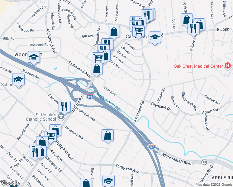map of restaurants, bars, coffee shops, grocery stores, and more near 3032 East Avenue in Parkville