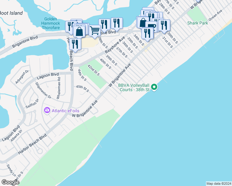 map of restaurants, bars, coffee shops, grocery stores, and more near 335 42nd Street South in Brigantine