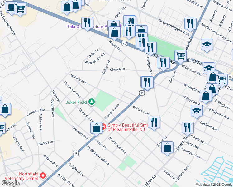 map of restaurants, bars, coffee shops, grocery stores, and more near 616 Shaw Avenue in Pleasantville