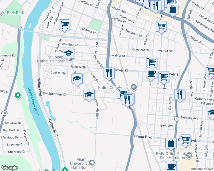 map of restaurants, bars, coffee shops, grocery stores, and more near 436 Long Street in Hamilton