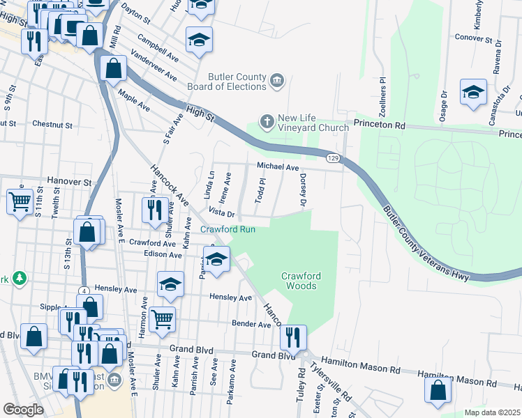 map of restaurants, bars, coffee shops, grocery stores, and more near 384 Todd Place in Hamilton