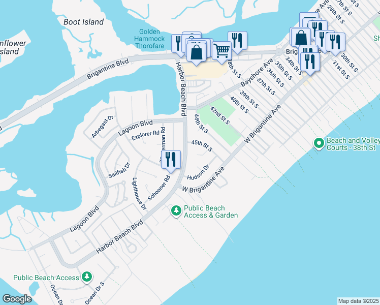map of restaurants, bars, coffee shops, grocery stores, and more near 4504 Harbor Beach Boulevard in Brigantine