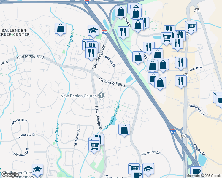 map of restaurants, bars, coffee shops, grocery stores, and more near 7113 Bradshaw Court East in Frederick