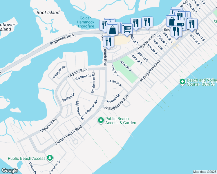 map of restaurants, bars, coffee shops, grocery stores, and more near 4504 Harbor Beach Boulevard in Brigantine