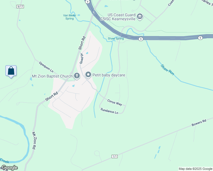 map of restaurants, bars, coffee shops, grocery stores, and more near 99 Stratus Drive in Kearneysville