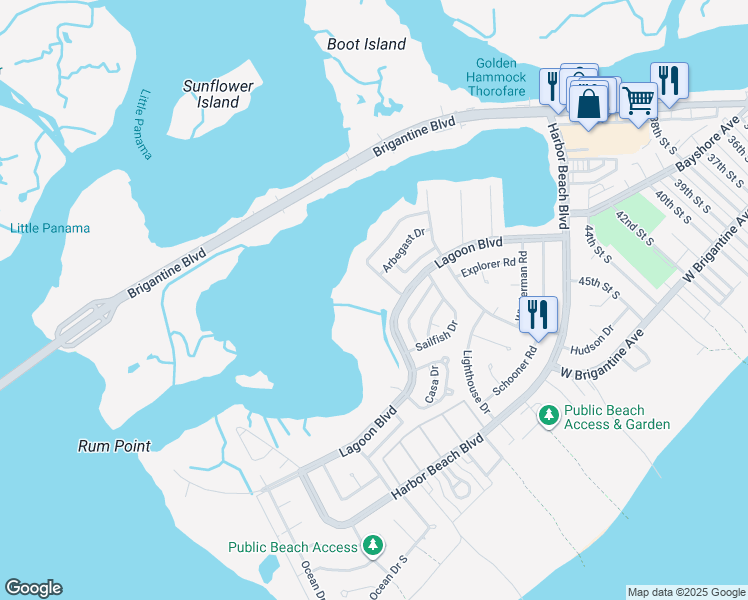 map of restaurants, bars, coffee shops, grocery stores, and more near 415 Lagoon Boulevard in Brigantine
