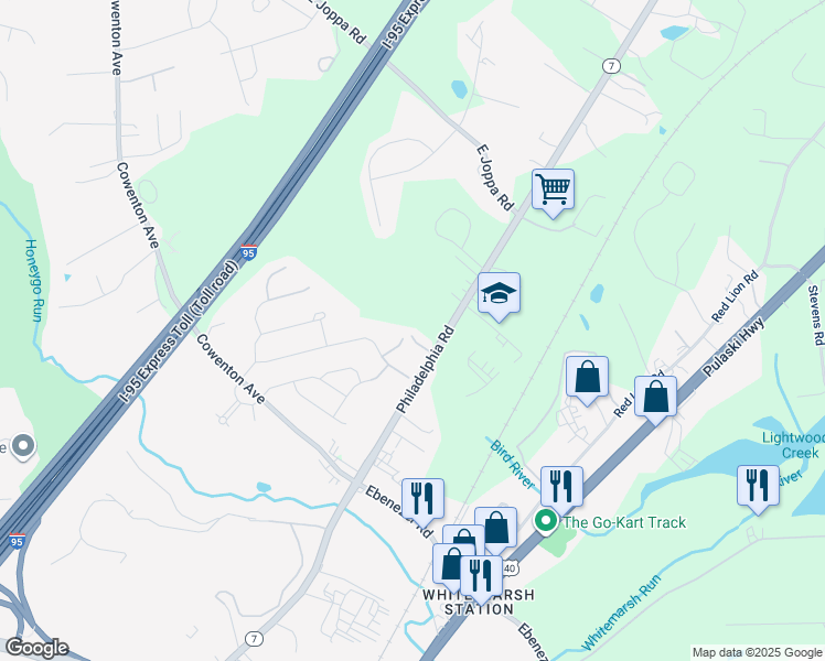 map of restaurants, bars, coffee shops, grocery stores, and more near 10914 Philadelphia Road in White Marsh