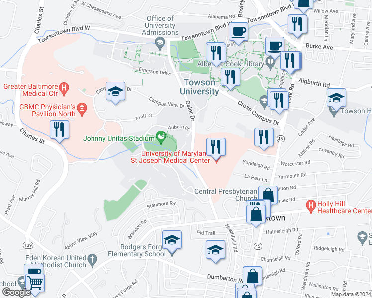 map of restaurants, bars, coffee shops, grocery stores, and more near 7600 Osler Drive in Towson