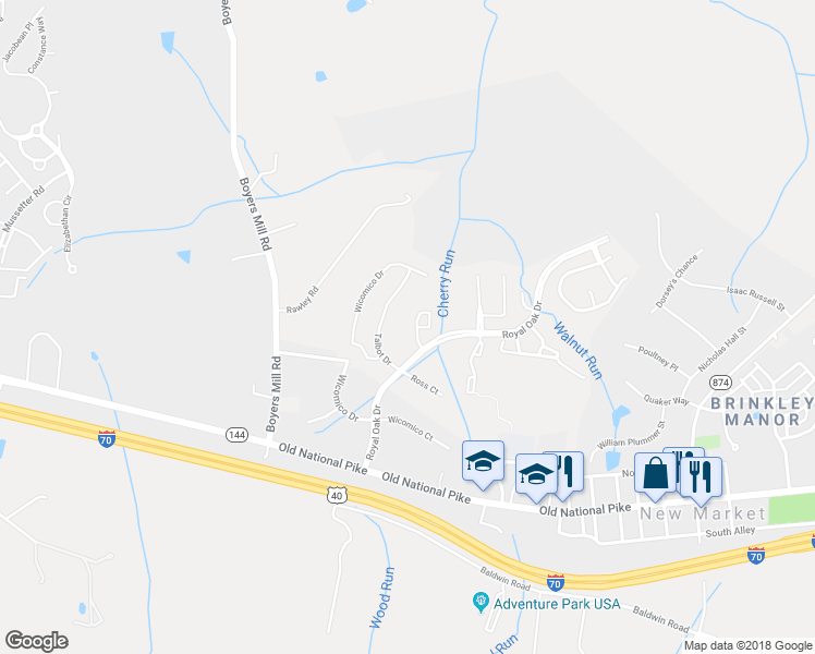 map of restaurants, bars, coffee shops, grocery stores, and more near 5562 Talbot Court in New Market