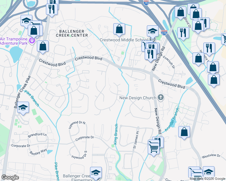 map of restaurants, bars, coffee shops, grocery stores, and more near 6890 Arbor Court in Frederick