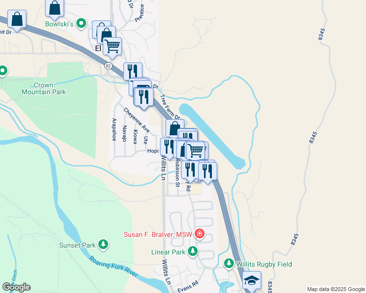 map of restaurants, bars, coffee shops, grocery stores, and more near 19626-19718 Highway 82 in Basalt