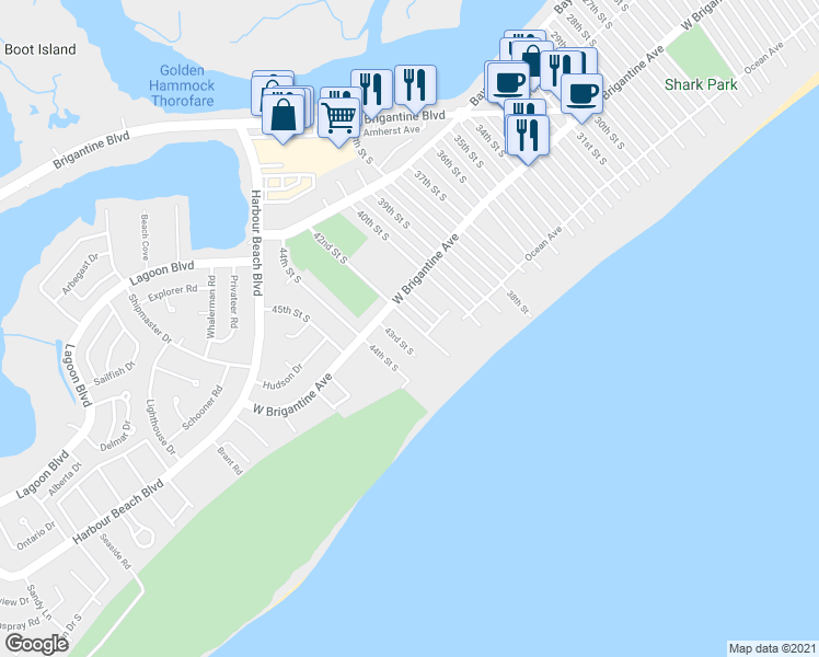 map of restaurants, bars, coffee shops, grocery stores, and more near 335 42nd Street South in Brigantine