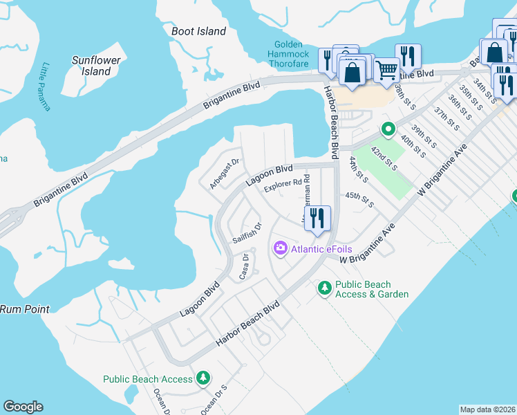 map of restaurants, bars, coffee shops, grocery stores, and more near 401 Albacore Lane in Brigantine