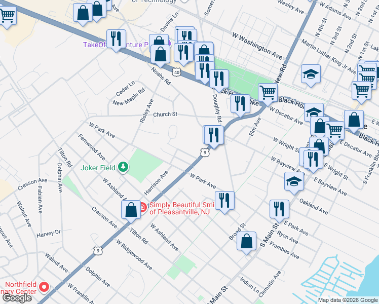 map of restaurants, bars, coffee shops, grocery stores, and more near 627 South New Road in Pleasantville