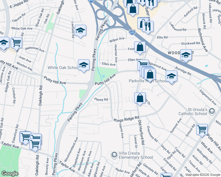 map of restaurants, bars, coffee shops, grocery stores, and more near 8549 Kings Ridge Road in Parkville