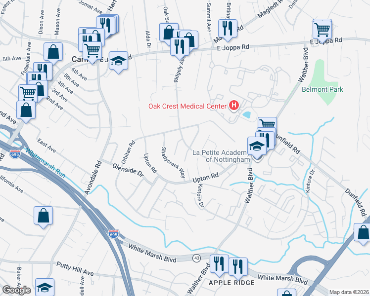 map of restaurants, bars, coffee shops, grocery stores, and more near 2 Primrose Court in Parkville