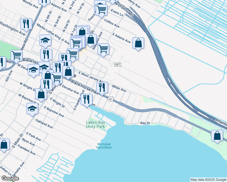 map of restaurants, bars, coffee shops, grocery stores, and more near 104 Frankfort Court in Pleasantville