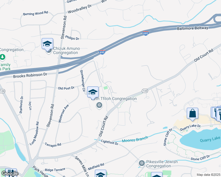 map of restaurants, bars, coffee shops, grocery stores, and more near 710 Old Crossing Drive in Pikesville