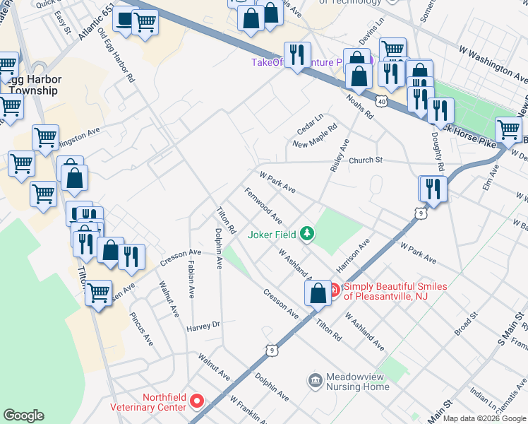 map of restaurants, bars, coffee shops, grocery stores, and more near 1302 McClellan Avenue in Pleasantville